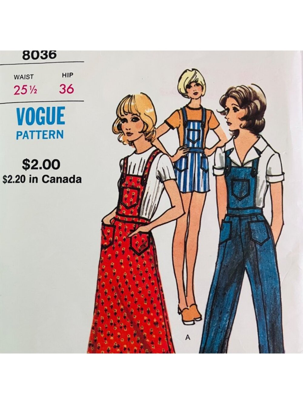 70s Vogue 8036 Bib Overalls Pattern Pants Shorts Skirt Cross Straps Waist 25.5 H
